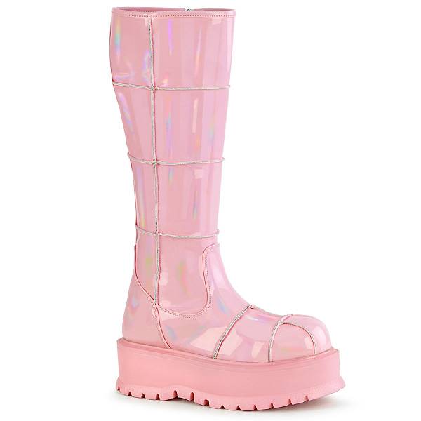 Demonia Women's Slacker-230 Knee High Platform Boots - Baby Pink Hologram Patent D2857-30US Clearance